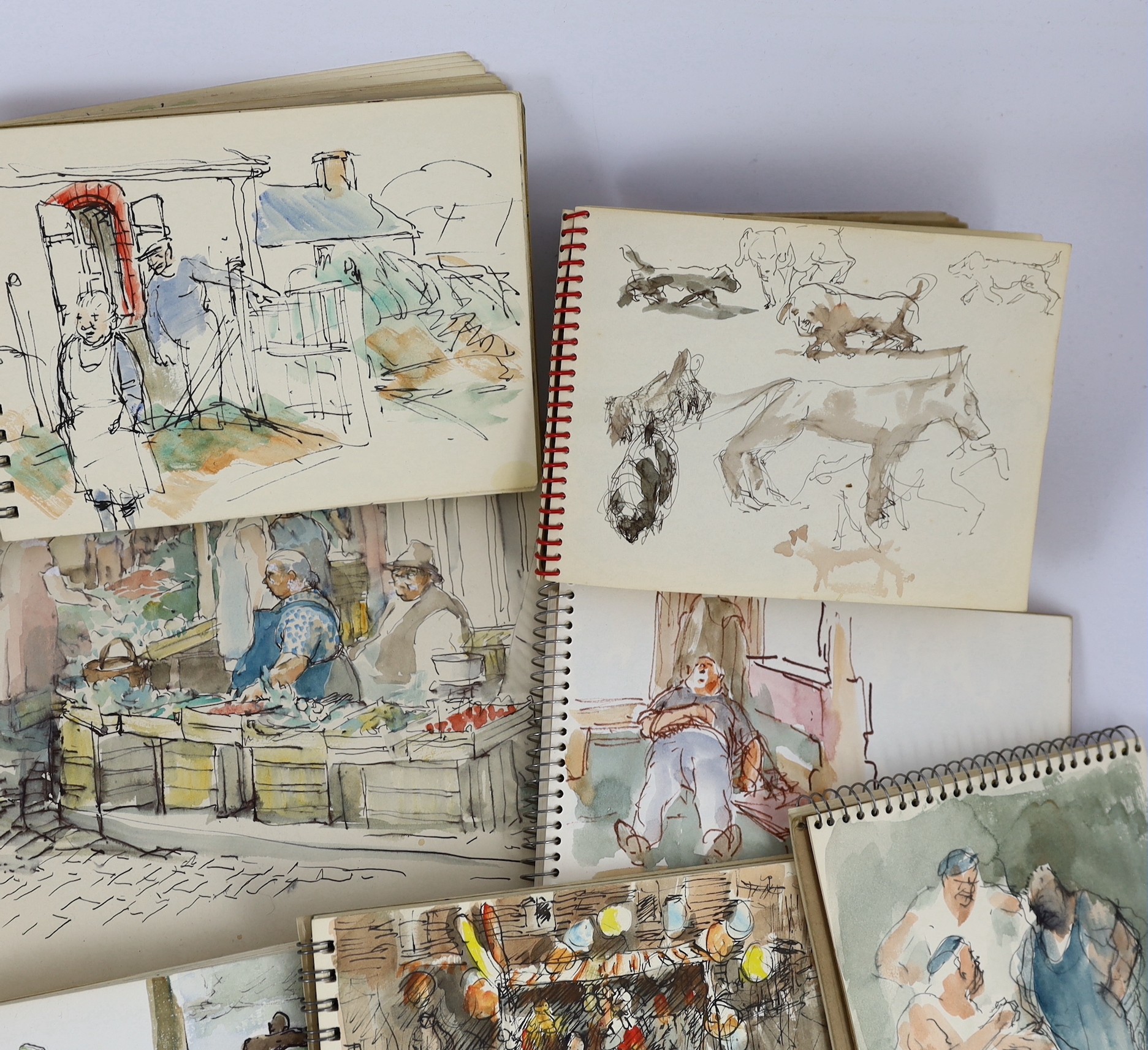 Roland Batchelor RWS, (British 1889-1990), Views of Switzerland, Belgium and Richmond, numerous ink sketches and watercolour studies contained within seventeen sketch books, largest 18 x 25cm